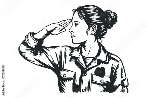 Young woman in uniform saluting with hand on forehead. Vector hand drawn illustration