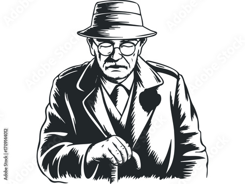 Senior Man in Hat and Overcoat Holding Cane. Vector hand drawn illustration