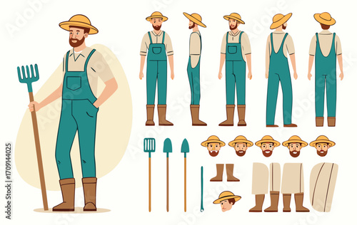 Farmer or gardener worker wearing overall uniform holding work tool. Character for animation. Front, side and back view set. Body parts, postures, poses collection. Vector illustration. 