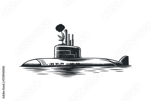 Engraved Submarine with Poppy on Transparent. Vector hand drawn illustration