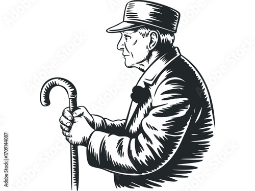 Elderly man with hat and cane. Vector hand drawn illustration