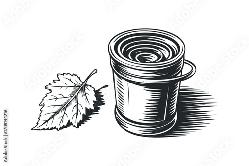 Ink drawing of a spool of thread and a leaf on a transparent background. Vector hand drawn illustration