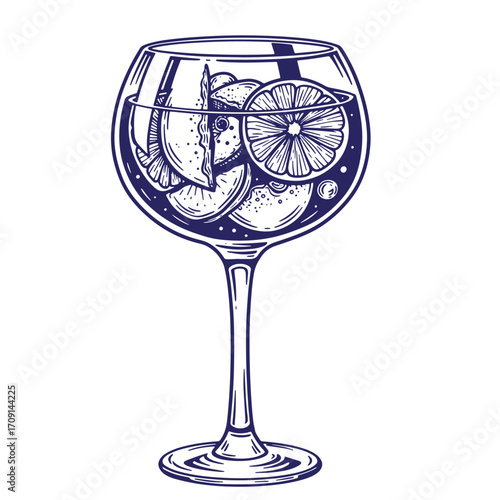 Elegant illustration of a gin cocktail with citrus fruits in a beautiful glass