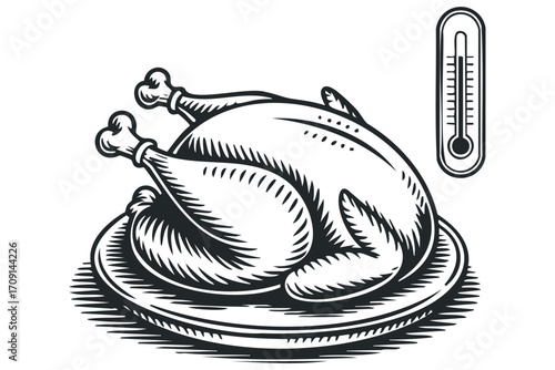 Whole roast fowl and thermometer symbol on transparent background. Vector hand drawn illustration