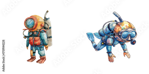 scuba diving watercolor vector illustration