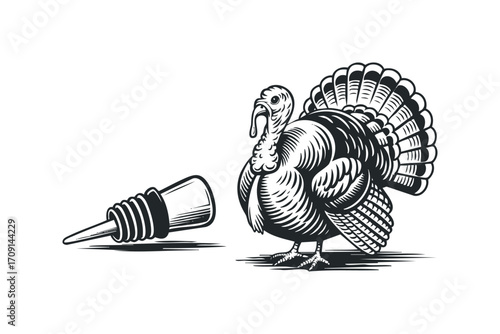 Engraved Turkey Bird with Basting Brush Isolated. Vector hand drawn illustration