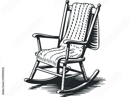 Vintage rocking chair with knitted throw on transparent background, wood furniture vector. Vector hand drawn illustration