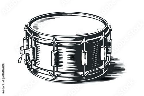 Line art snare drum percussion instrument isolated on transparent background. Vector hand drawn illustration