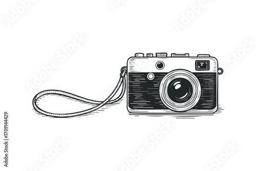 Vintage camera with a woven strap on a transparent background. Vector hand drawn illustration