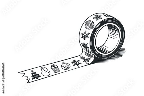 Black and white sketch of festive holiday tape dispenser with Christmas icons. Vector hand drawn illustration