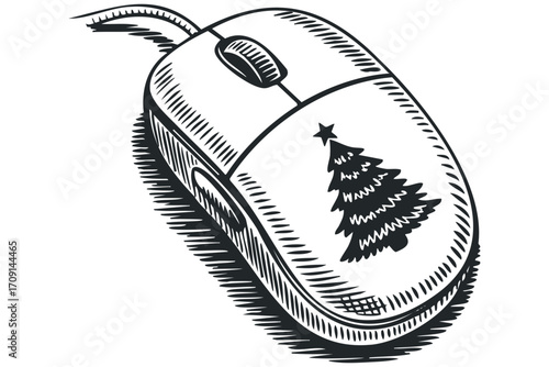 Drawn Christmas Tree Computer Mouse. Vector hand drawn illustration