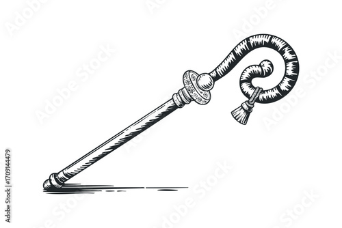 Elaborate shepherd staff with ornamental details and tassel on transparent background. Vector hand drawn illustration