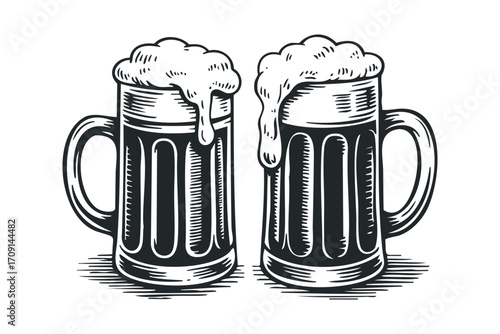 Two Mugs of Beer with Foamy Tops Isolated on Transparent Background. Vector hand drawn illustration