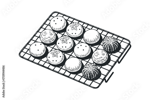 Baked goods and produce on cooling rack. Vector hand drawn illustration