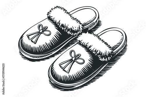 Woodcut Style Pair of Fur Lined Slippers with Bows. Vector hand drawn illustration
