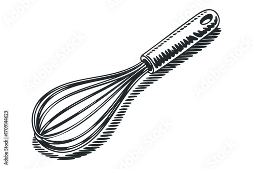 Hand drawn sketch of a metal whisk with a shadow on a transparent background. Vector hand drawn illustration