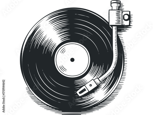 Vintage Vinyl Record With Stylus on Transparent Background. Vector hand drawn illustration