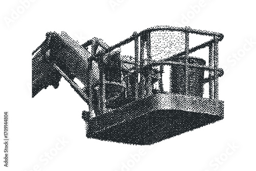 Close up aerial lift bucket detail, industrial machine component, black ink stipple style. Vector hand drawn illustration