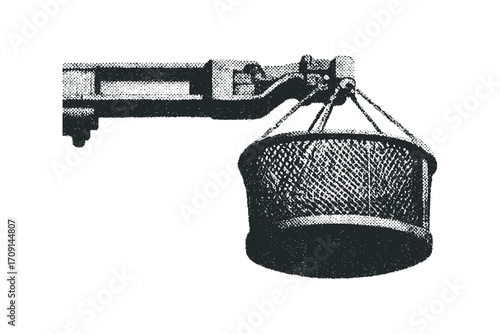 Mechanical hoist with suspended basket detailed line drawing. Vector hand drawn illustration