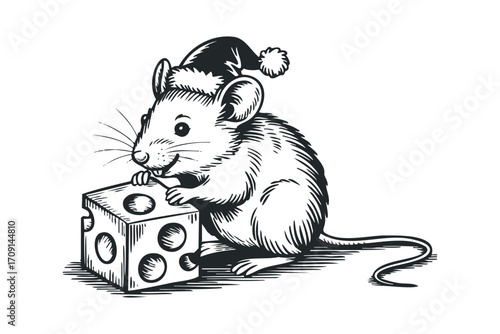 Whimsical Mouse Wearing Santa Hat Interacting With Cheese. Vector hand drawn illustration