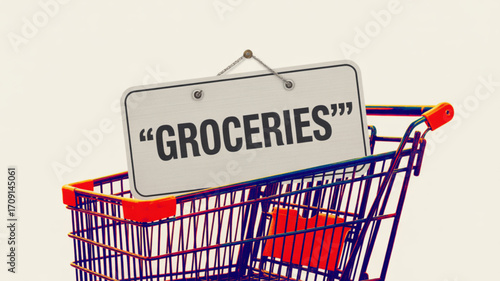 Grocery shopping cart with groceries sign for food market and retail store consumer goods purchase concept