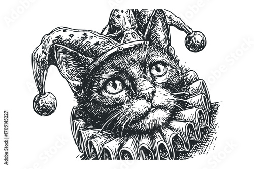 Jester Cat wearing a cap with pom poms and ruffled collar on transparent. Vector hand drawn illustration