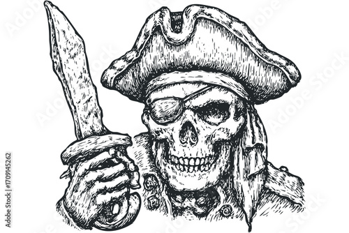 Hand drawn pirate skull with cutlass. Vector hand drawn illustration