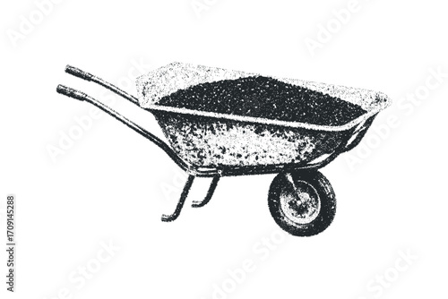 Wheelbarrow filled with soil. Vector hand drawn illustration