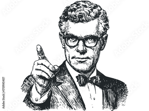 Man in Suit and Bow Tie Pointing Finger with Glasses. Vector hand drawn illustration