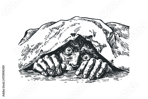 Scared face peeking from under blanket, vintage style engraving, transparent. Vector hand drawn illustration