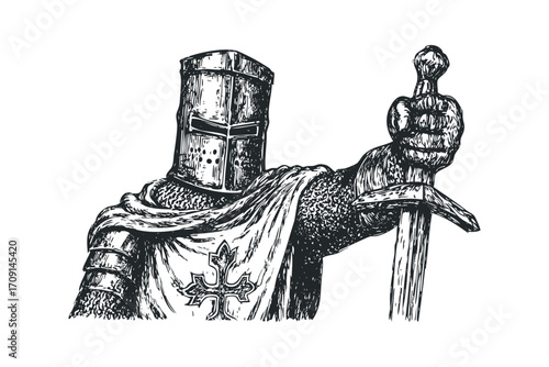 Medieval Knight in Full Armor Holding Sword. Vector hand drawn illustration