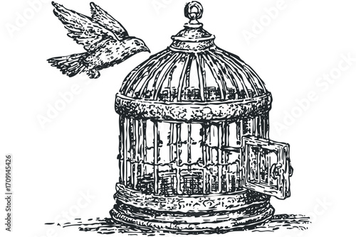 Bird flying from open cage. Vector hand drawn illustration