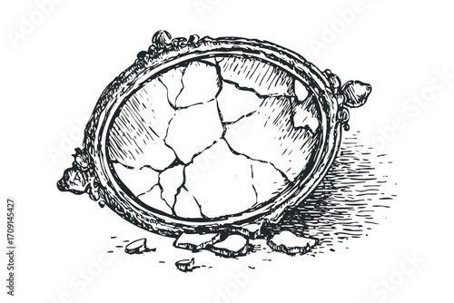 Ornate antique mirror broken, chipped glass, vintage object, graphic element. Vector hand drawn illustration