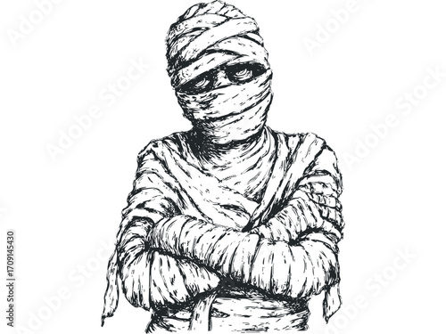 Monochromatic hand-drawn mummy with crossed arms on transparent background. Vector hand drawn illustration