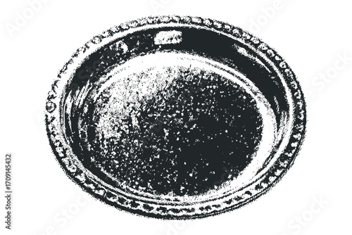 Distressed circular tray with textured surface isolated on white. Vector hand drawn illustration