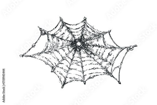 Detailed sketch of a delicate spiderweb on a transparent background. Vector hand drawn illustration