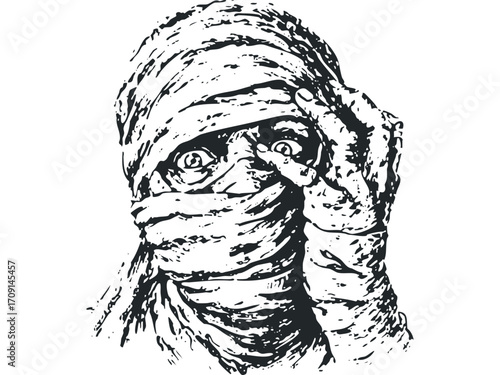 Mummy face partially covered with bandages and wide staring eyes,. Vector hand drawn illustration