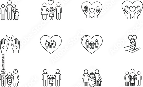 Family love icons, parents, children, baby care, heart, protection, support, mother, father, newborn, parenting, unity, happiness, relationship, safety, childcare, caring, childhood