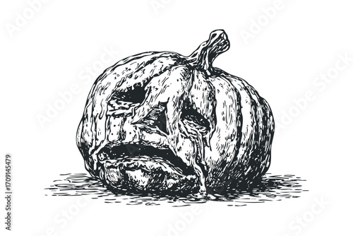 Scary carved pumpkin with a sad, melting face on a white transparent background. Vector hand drawn illustration