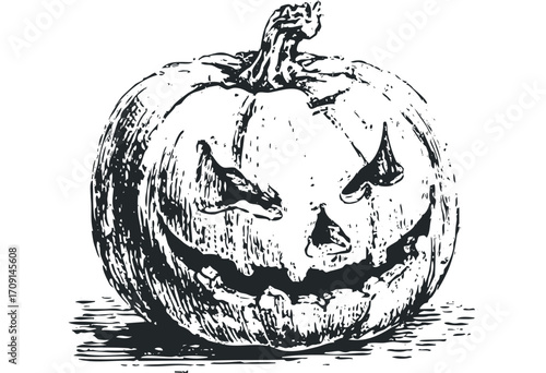 Carved pumpkin jack o lantern on transparent background. Vector hand drawn illustration