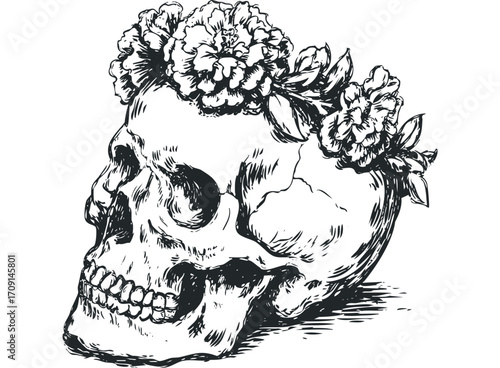 Hand Drawn Skull with Floral Wreath. Vector hand drawn illustration