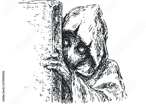 Creepy figure peeking from behind textured column. Vector hand drawn illustration