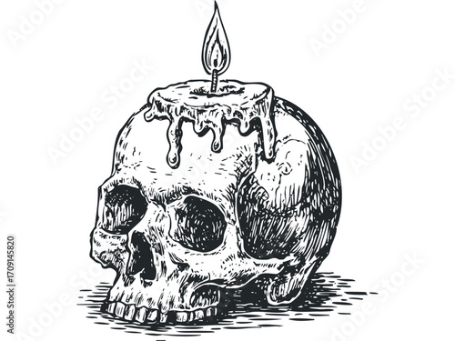 Hand Drawn Skull With Melting Candle. Vector hand drawn illustration