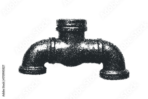 Textured pipe fitting T-junction shape on transparent background. Vector hand drawn illustration