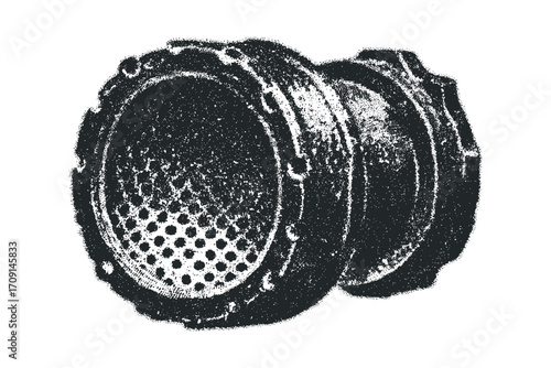 Grungy textured circular object with grid pattern on transparent background. Vector hand drawn illustration