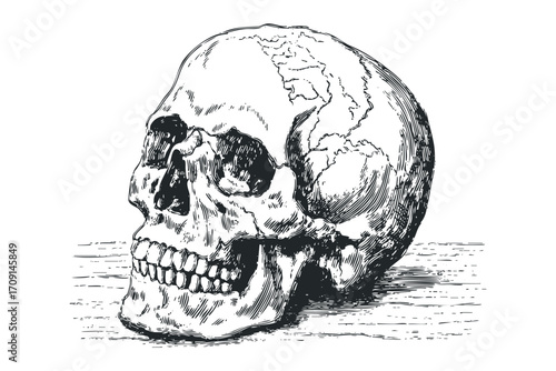 Detailed Engraving of a Human Skull on a Transparent Background. Vector hand drawn illustration