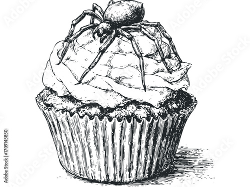 Sketch of a Cupcake with Spider Topping on Transparent Background. Vector hand drawn illustration