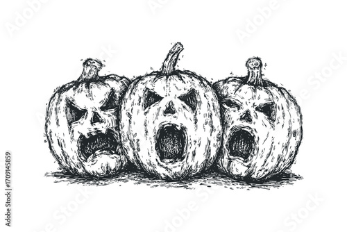 Three carved pumpkins with spooky faces and stems on transparent background. Vector hand drawn illustration