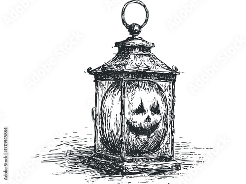 Jack o lantern carved in lantern isolated on white. Vector hand drawn illustration
