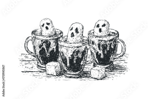 Three cartoon ghosts in cups of hot chocolate on a wooden surface. Vector hand drawn illustration